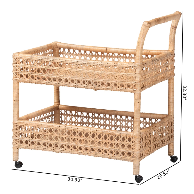 bali & pari Alaina Natural Rattan Kitchen Cart 2-Tier Handwoven Storage Trolley
