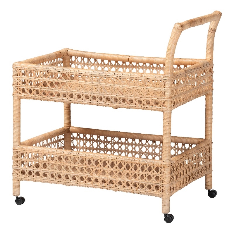 bali & pari Alaina Natural Rattan Kitchen Cart 2-Tier Handwoven Storage Trolley