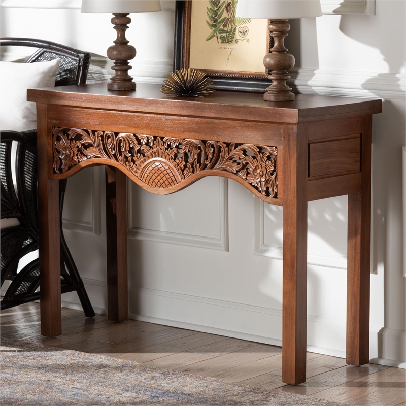bali & pari Alannis Mahogany Wood Console Table - Accent Table with Floral Apron