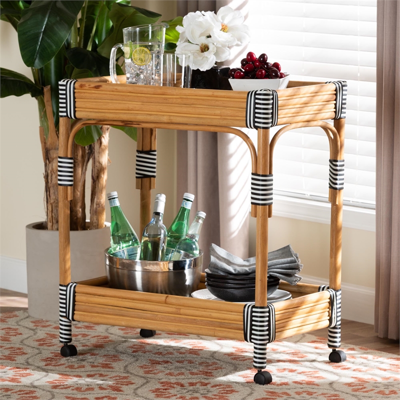 bali & pari Carmine Natural Rattan Kitchen Cart 2-Tier Handwoven Storage Trolley