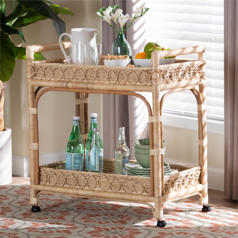 bali & pari Carole Natural Rattan Kitchen Cart 2-Tier Handwoven Storage Trolley