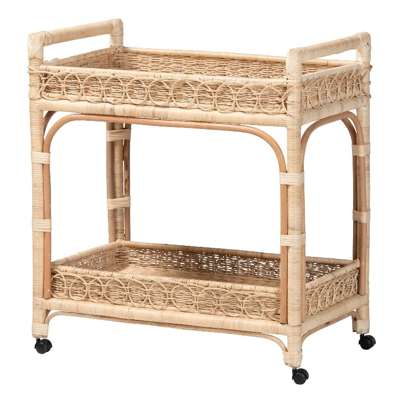 bali & pari Carole Natural Rattan Kitchen Cart 2-Tier Handwoven Storage Trolley