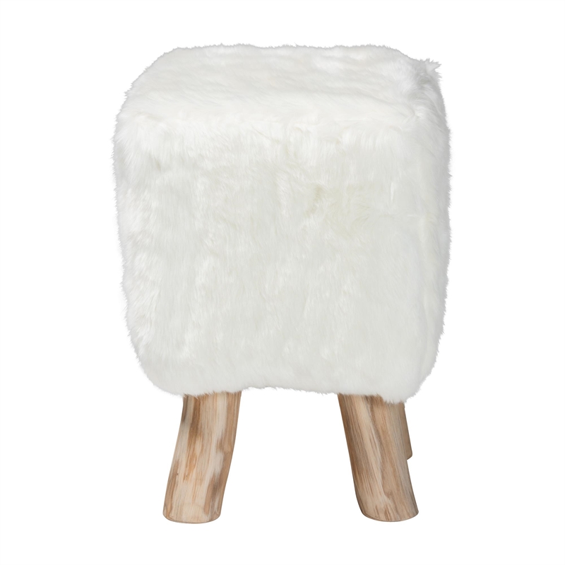bali & pari Scotlyn Faux Fur Footstool with Teak Wood Legs Accent Seat White