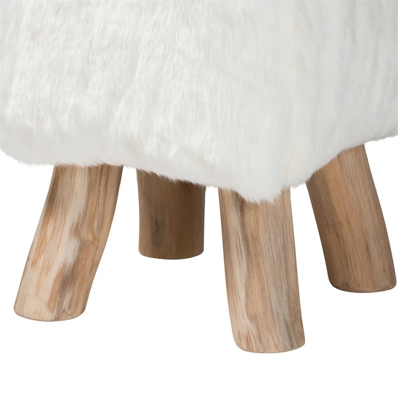 bali & pari Scotlyn Faux Fur Footstool with Teak Wood Legs Accent Seat White