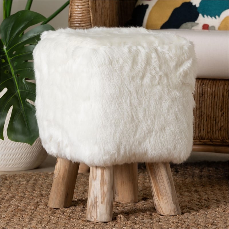 bali & pari Scotlyn Faux Fur Footstool with Teak Wood Legs Accent Seat White