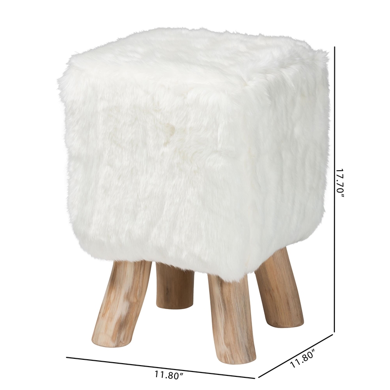 bali & pari Scotlyn Faux Fur Footstool with Teak Wood Legs Accent Seat White