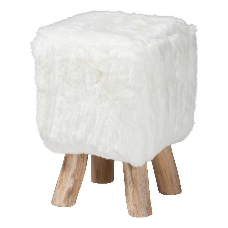 bali & pari Scotlyn Faux Fur Footstool with Teak Wood Legs Accent Seat White