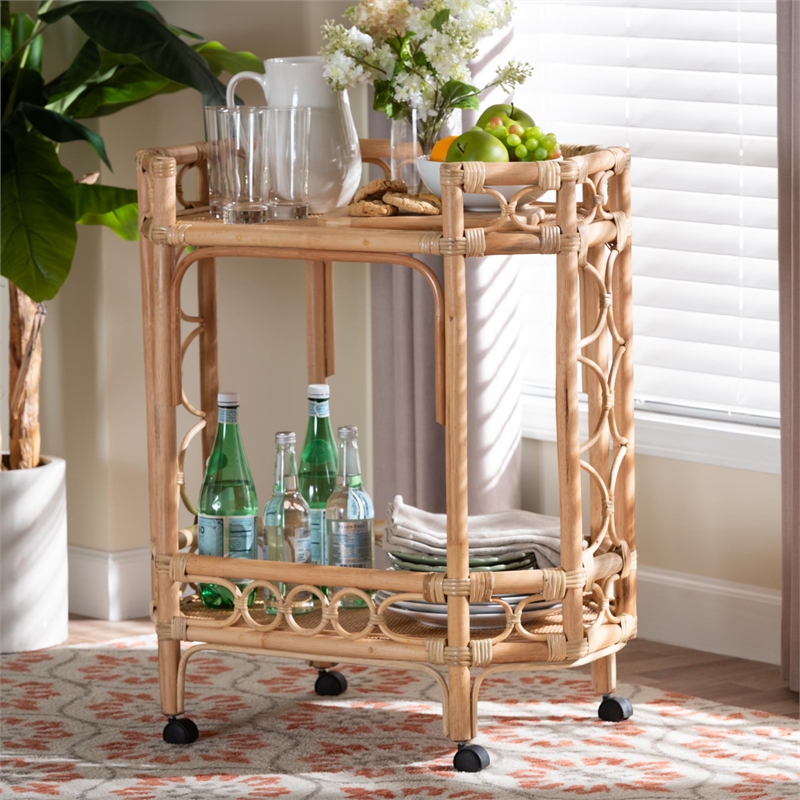 bali & pari Rene Natural Rattan Kitchen Cart 2-Tier Storage Trolley with Handle