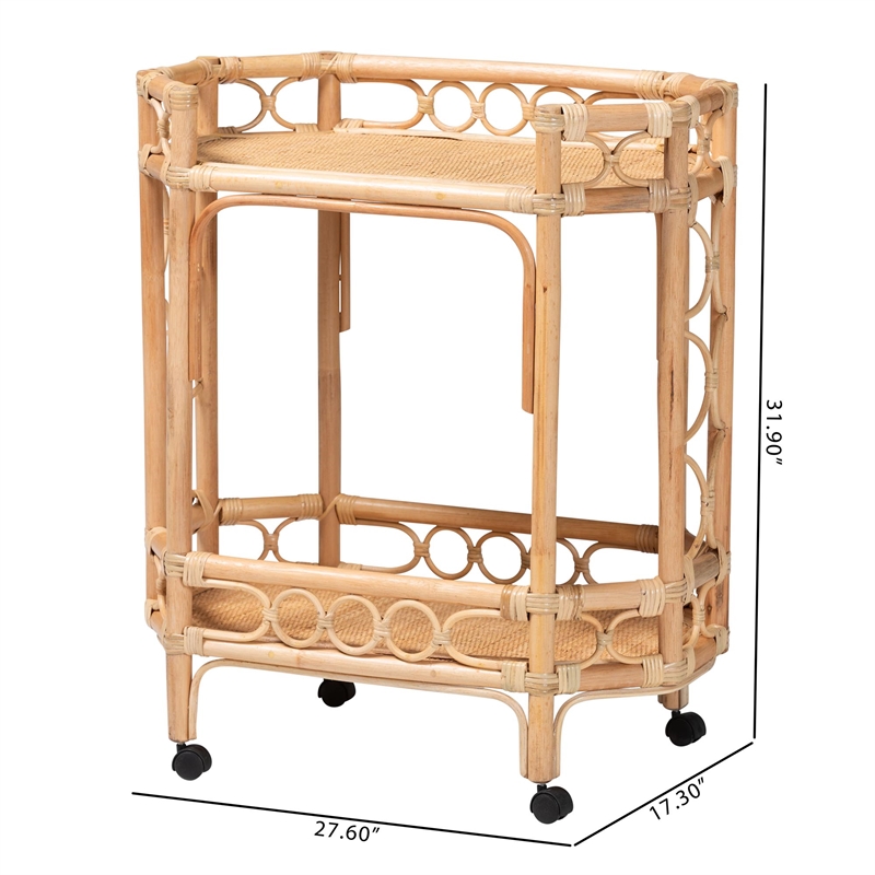 bali & pari Rene Natural Rattan Kitchen Cart 2-Tier Storage Trolley with Handle