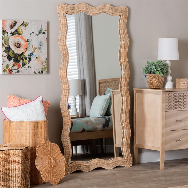 bali & pari Hasana Natural Rattan Floor Mirror Scalloped Frame Full Length