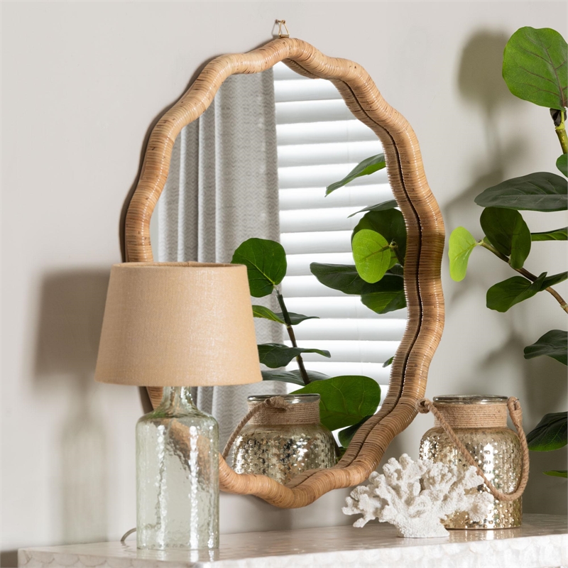 bali & pari Rasida Natural Rattan Scalloped Wall Mirror Wicker Accent Mirror