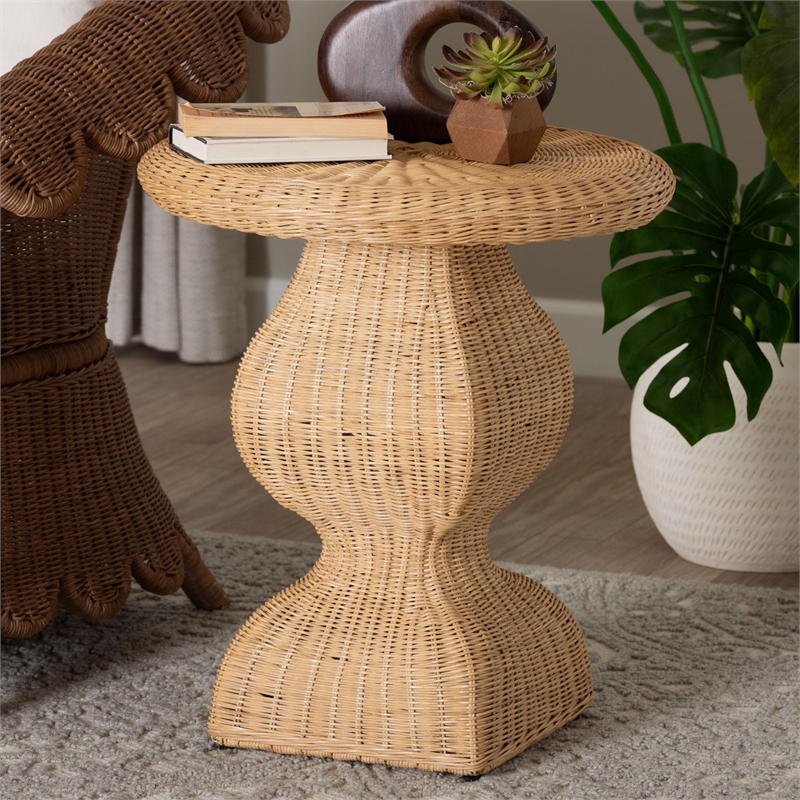 bali & pari Hideo Natural Rattan End Table Wicker Sculptural Accent Table