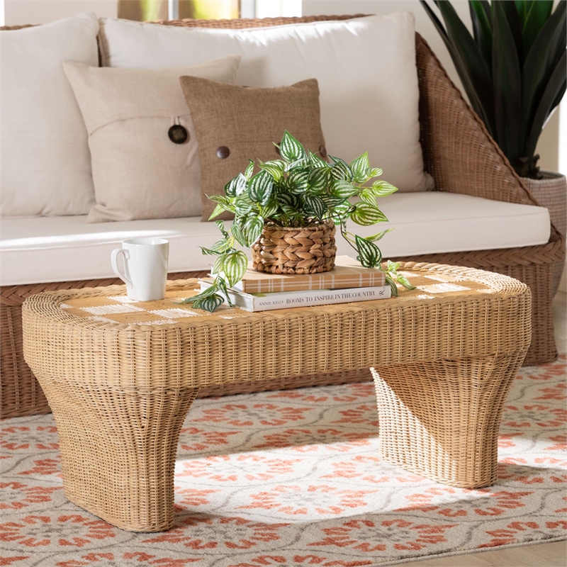 bali & pari Canika Natural Rattan Coffee Table with Checkered Tabletop