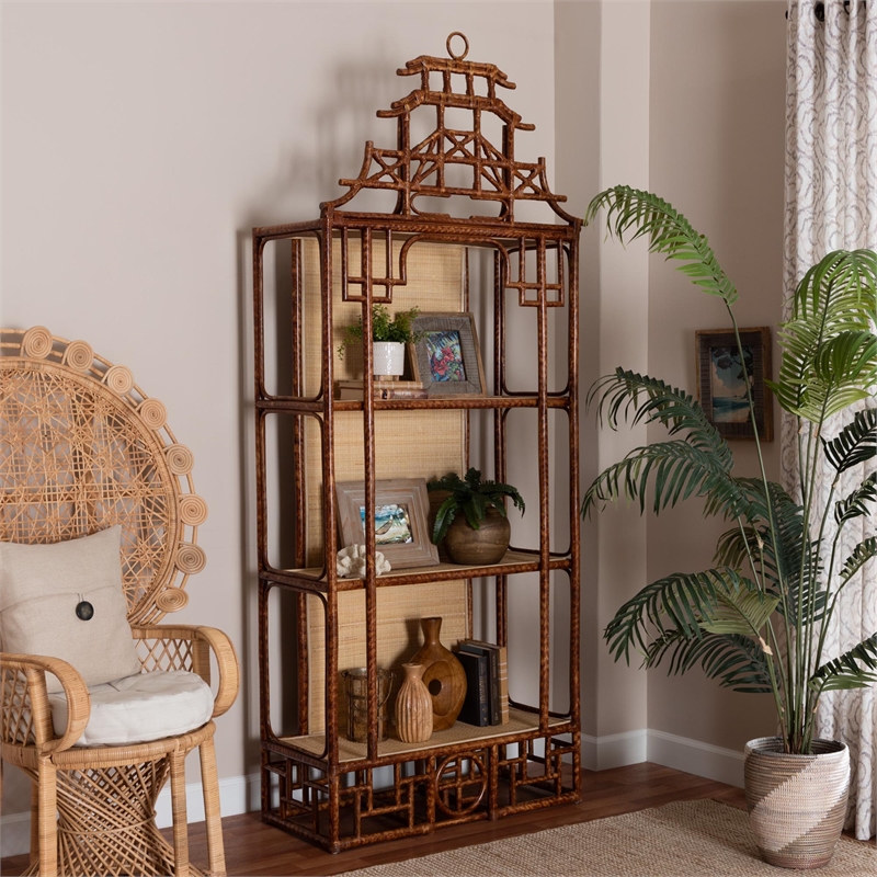 bali & pari Tamiko Marbled Tortoise Rattan 3-Tier Accent Shelf Freestanding