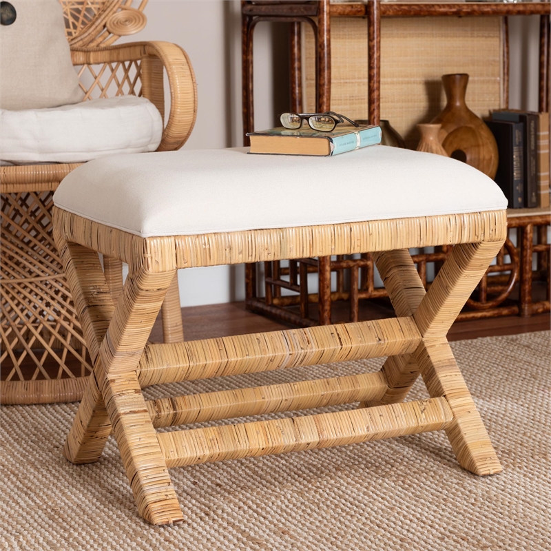 bali & pari Christy Natural Rattan Ottoman Hand Wrapped Wicker Accent Stool