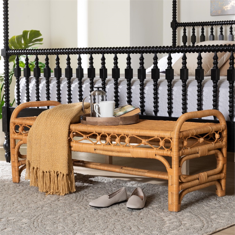 bali & pari Ayala Natural Rattan Accent Bench Handwoven Wicker Accent Seating