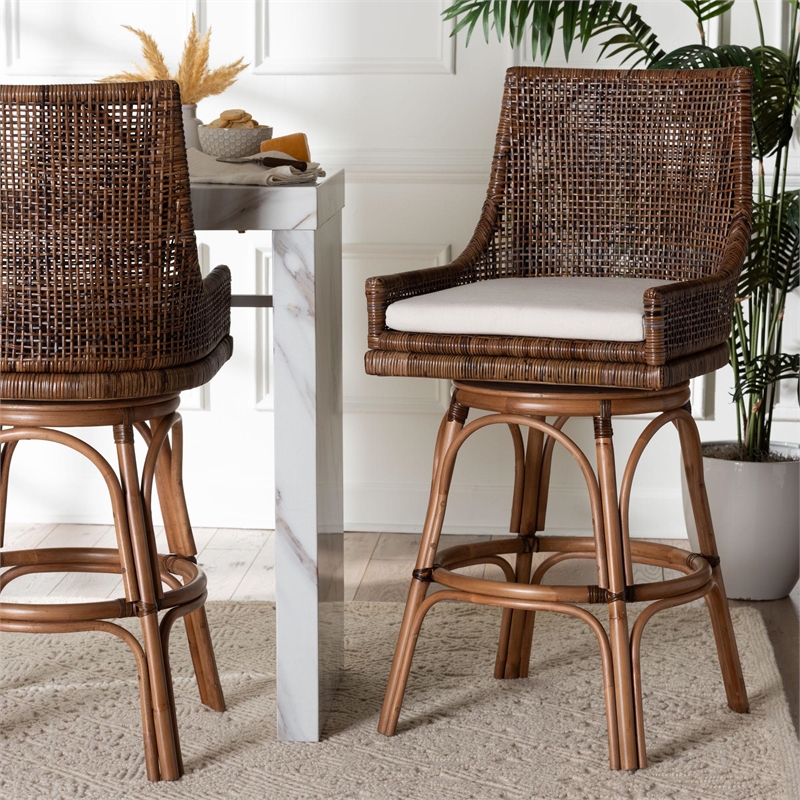 bali & pari Bella Swivel Rattan Bar Stool with Cushion Bar Chair Coffee Bean