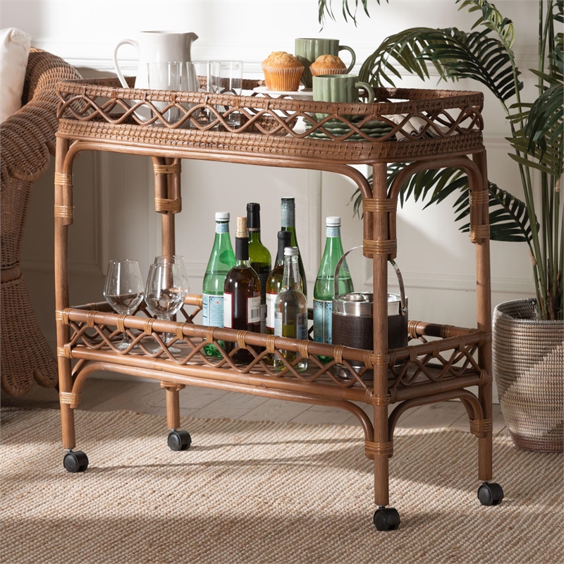 bali & pari Fumiyo Natural Rattan Kitchen Cart Wicker Two-Tier Serving Cart