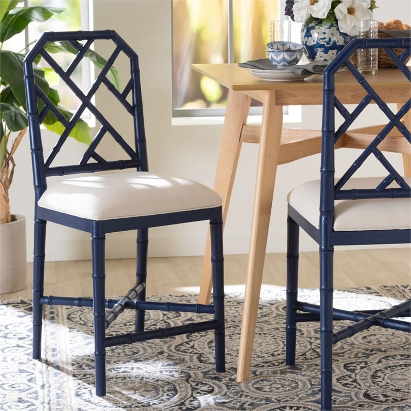 bali & pari Sergio Wood Counter Stool Chippendale Kitchen Seating Navy Blue