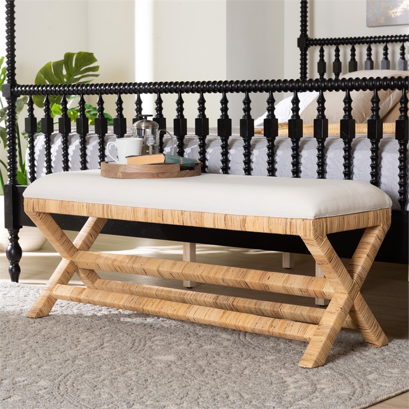 bali & pari Christy Natural Rattan Bench Hand Wrapped Wicker Accent Seating