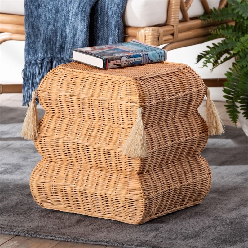 bali & pari Noura Natural Rattan Footstool with Tassel Accents