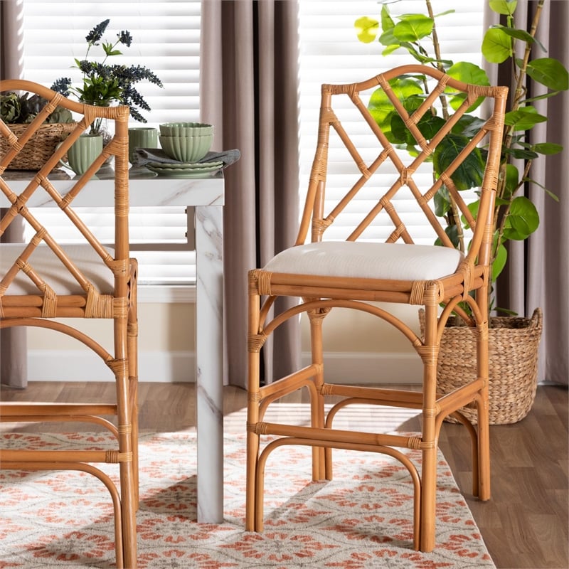 bali & pari Cedric Natural Rattan Bar Stool with Cushioned Seat