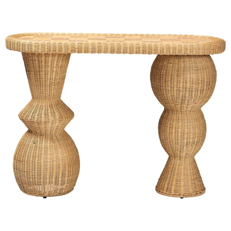 bali & pari Hisao Natural Rattan Checkered Console Table with Sculptural Base