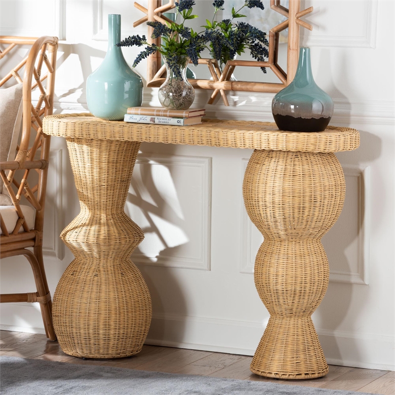 bali & pari Hisao Natural Rattan Checkered Console Table with Sculptural Base