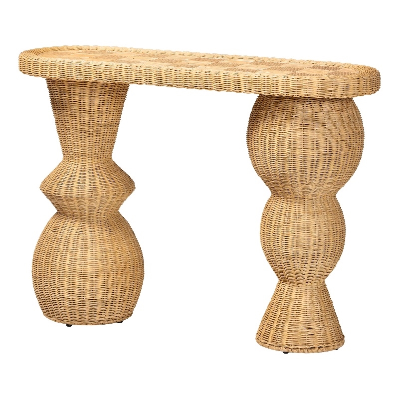bali & pari Hisao Natural Rattan Checkered Console Table with Sculptural Base