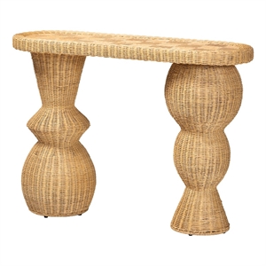 bali & pari Hisao Natural Rattan Checkered Console Table with Sculptural Base