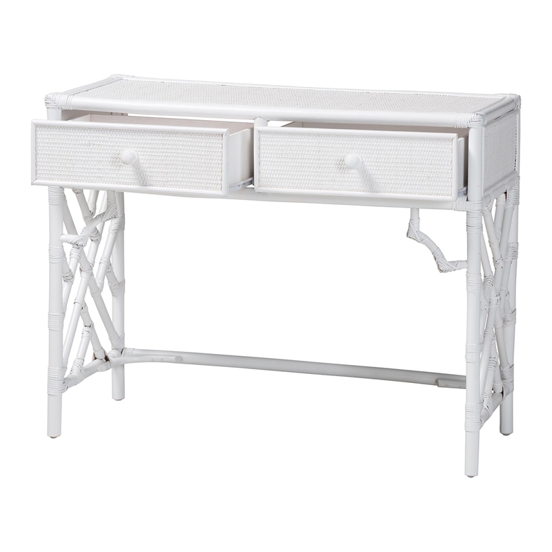 bali & pari Lindie Natural Rattan Writing Desk with Two Drawers White