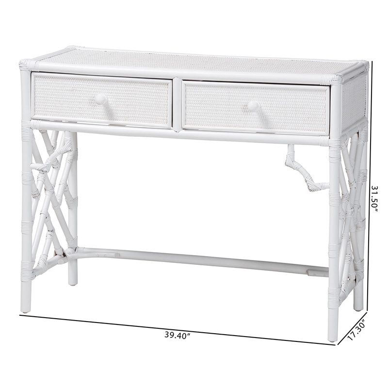 bali & pari Lindie Natural Rattan Writing Desk with Two Drawers White