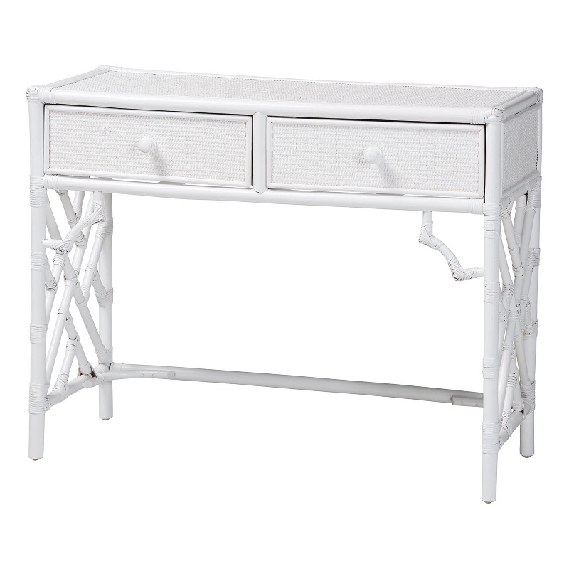 bali & pari Lindie Natural Rattan Writing Desk with Two Drawers White