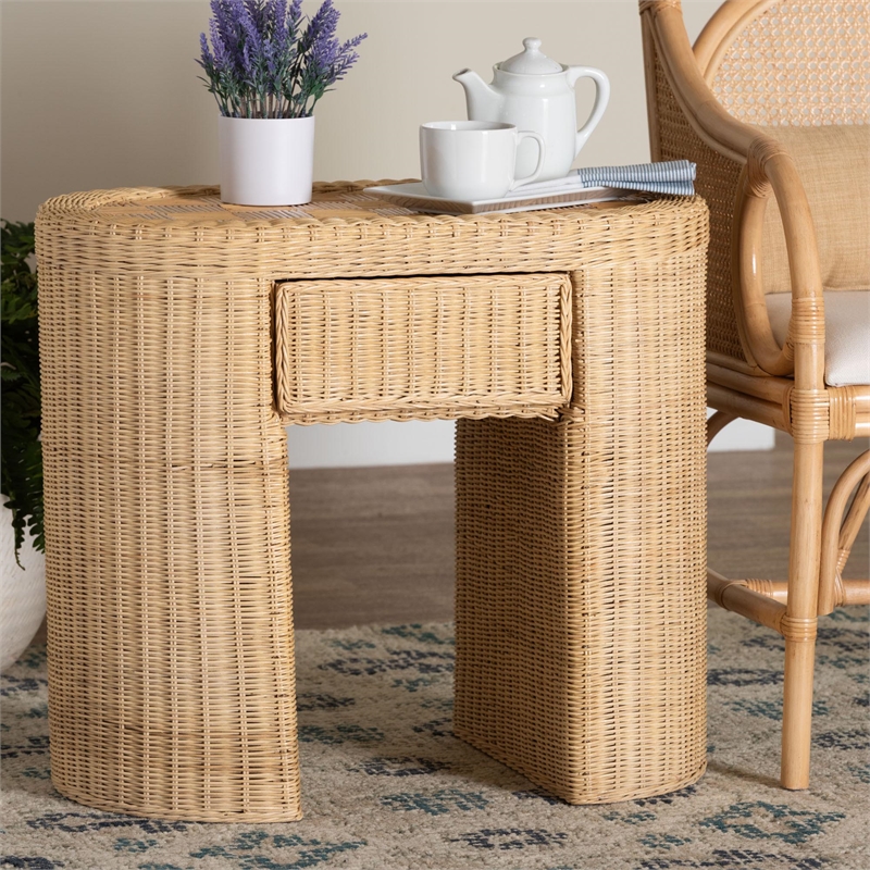 bali & pari Mimi Natural Rattan Checkered End Table with Drawer