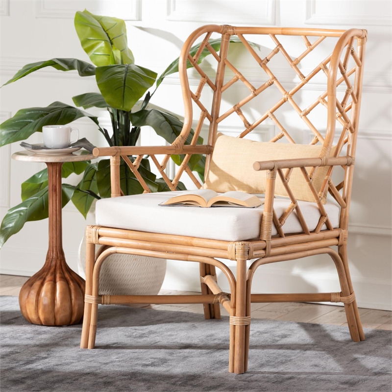 bali & pari Ray Natural Rattan Wingback Armchair with Removable Cushion