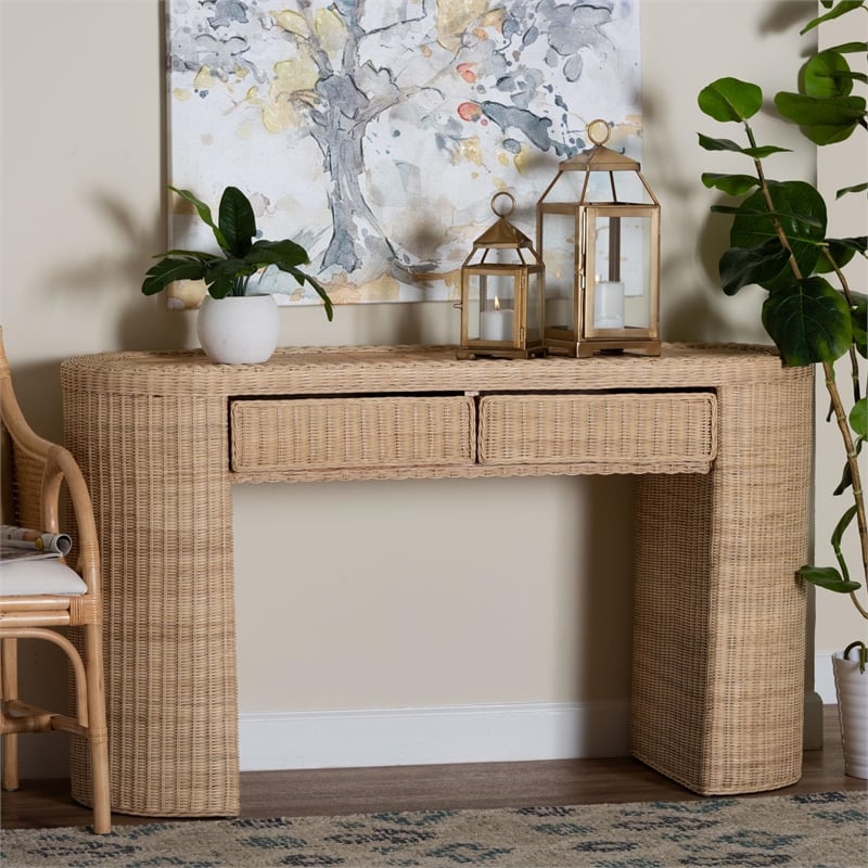 bali & pari Mimi Natural Rattan Checkered Console Table with Drawer