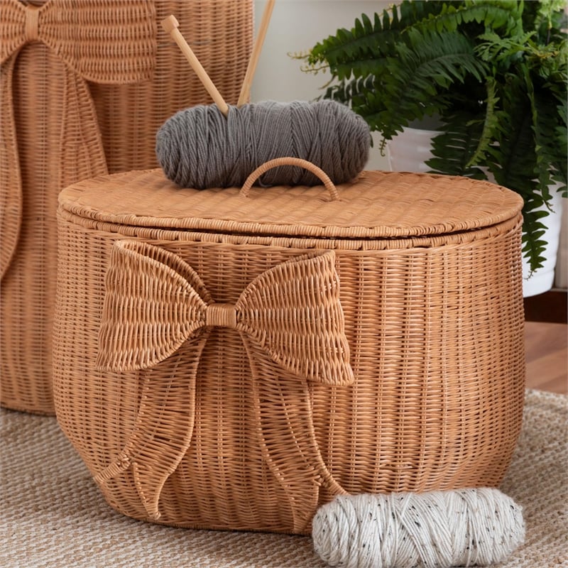 bali & pari Creusa Natural Rattan Laundry Basket with Bow Detail Wide