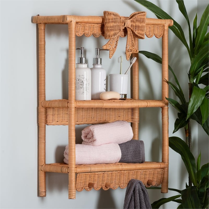 bali & pari Creusa Natural Rattan 2-Tier Wall Shelf with Bow Detail