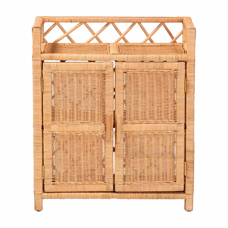 bali & pari Hendrina Natural Rattan and Mahogany Wood Shoe Cabinet 3-Tier