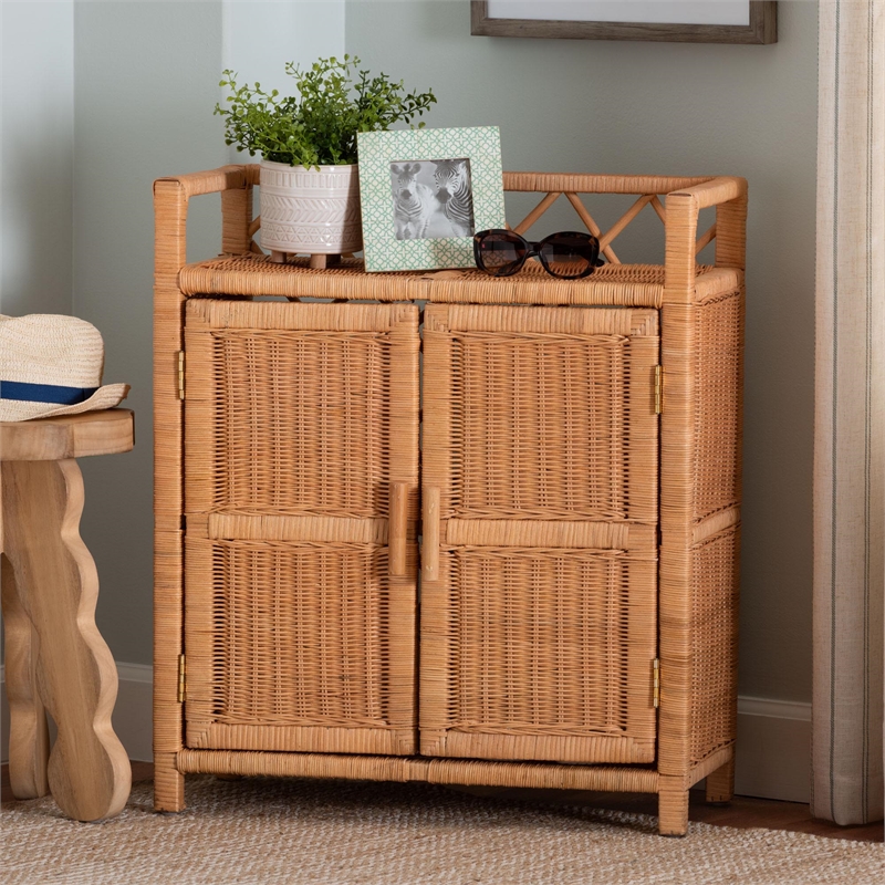 bali & pari Hendrina Natural Rattan and Mahogany Wood Shoe Cabinet 3-Tier