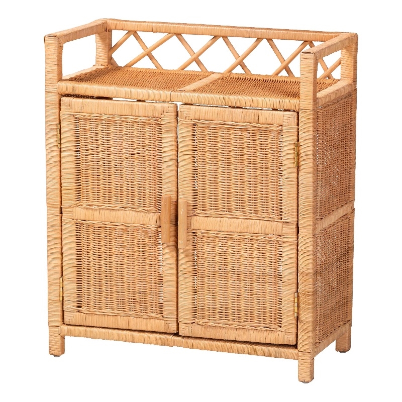 bali & pari Hendrina Natural Rattan and Mahogany Wood Shoe Cabinet 3-Tier