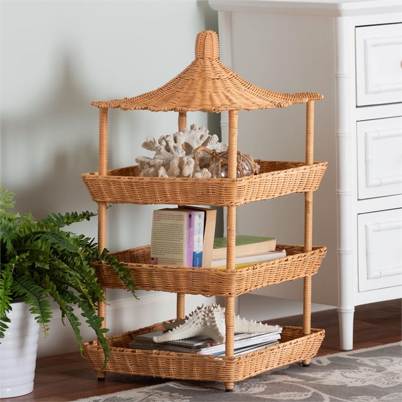 bali & pari Asante Natural Rattan 3-Tier Display Shelf with Pagoda Top