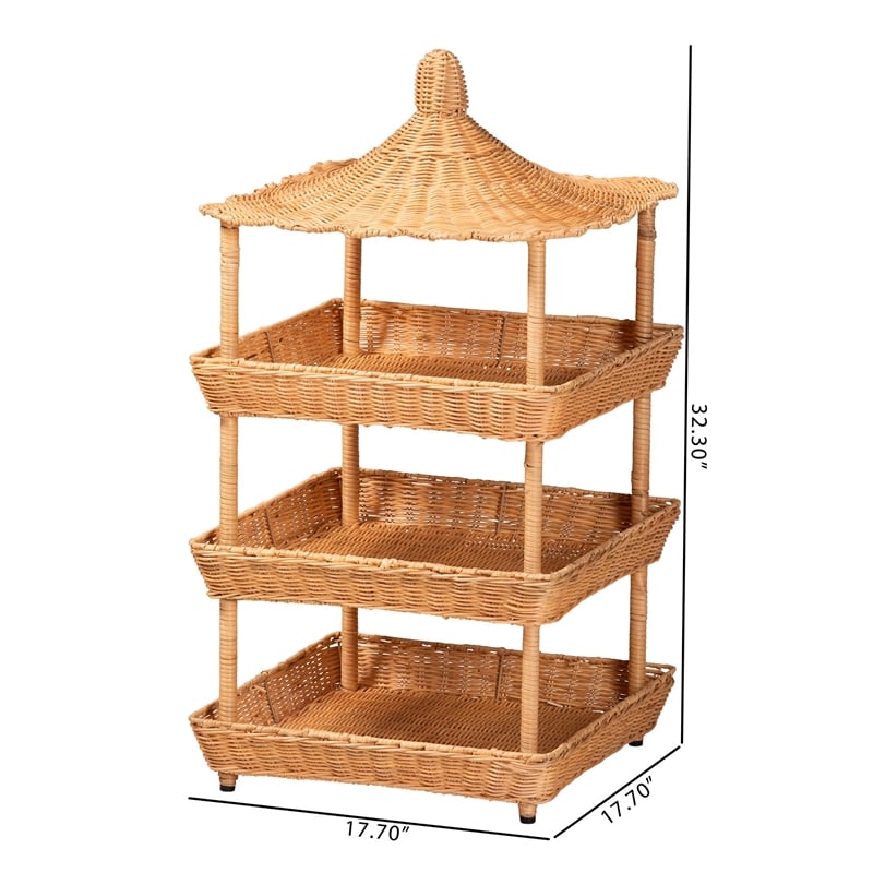 bali & pari Asante Natural Rattan 3-Tier Display Shelf with Pagoda Top
