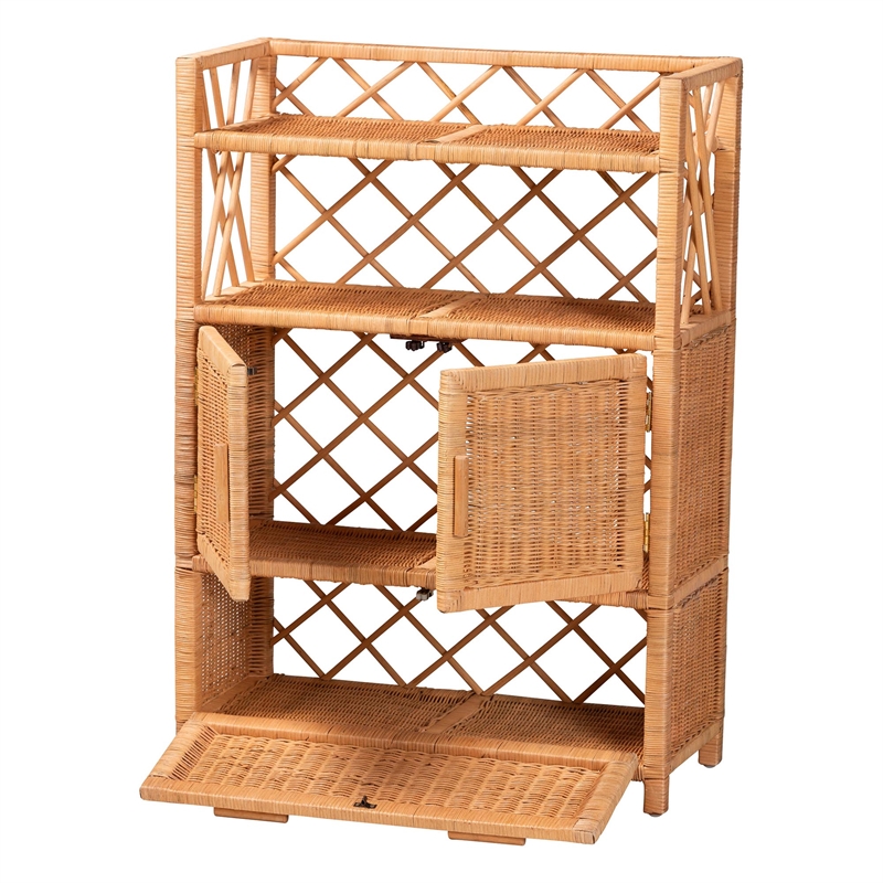 bali & pari Hendrina Natural Rattan and Mahogany Wood Shoe Cabinet 4-Tier