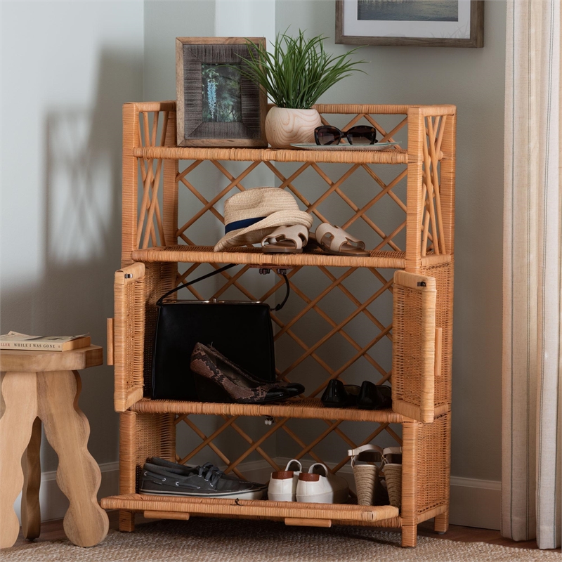 bali & pari Hendrina Natural Rattan and Mahogany Wood Shoe Cabinet 4-Tier