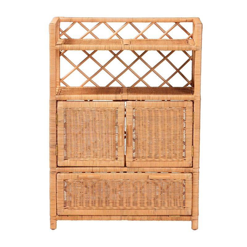 bali & pari Hendrina Natural Rattan and Mahogany Wood Shoe Cabinet 4-Tier