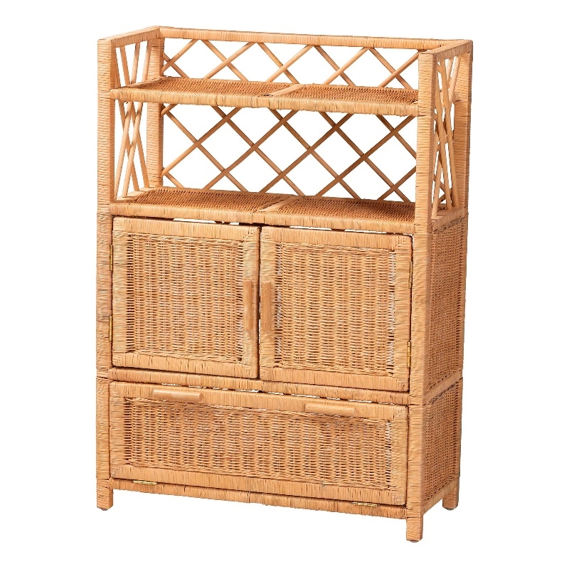 bali & pari Hendrina Natural Rattan and Mahogany Wood Shoe Cabinet 4-Tier