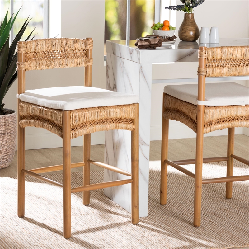 bali & pari Elvera Woven Seagrass and Mahogany Wood Counter Stool
