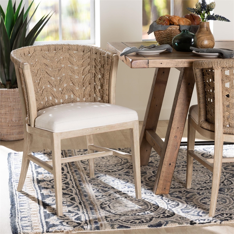 bali & pari Vellon Woven Seagrass and White Wash Mahogany Wood Dining Chair