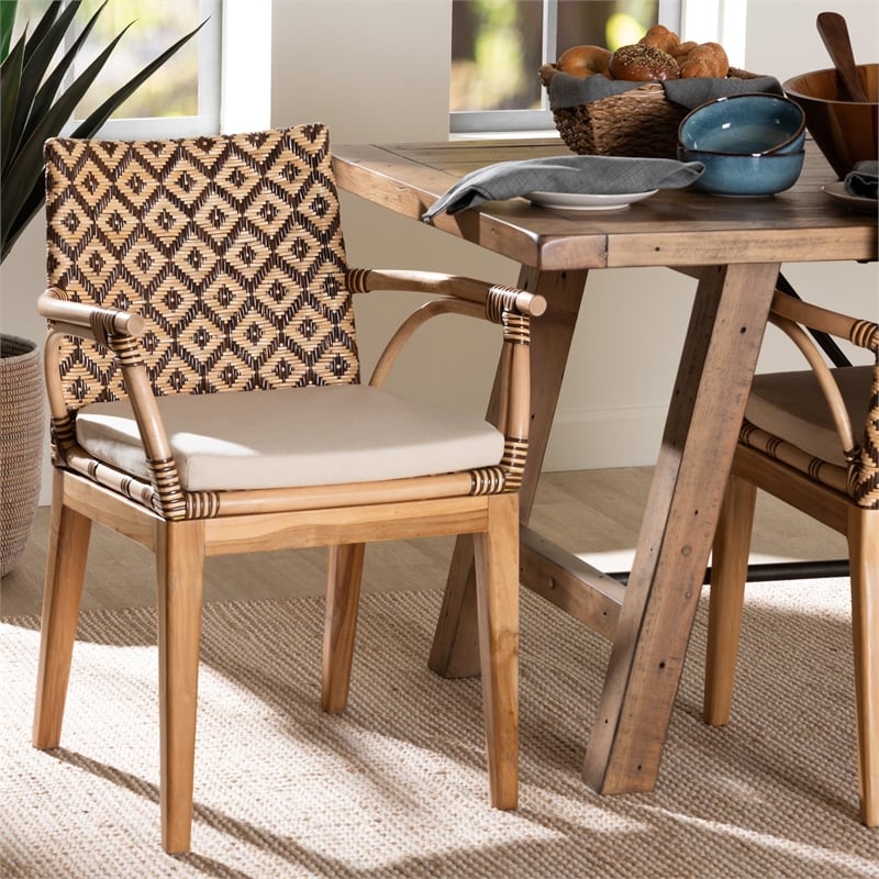 bali & pari Storsel Natural Rattan and Teak Wood Dining Chair Two-Tone Brown
